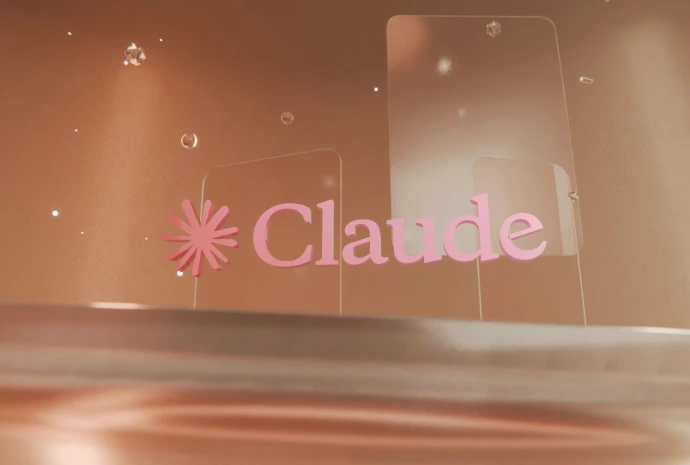 Pink claude logo on a translucent surface with bokeh background.